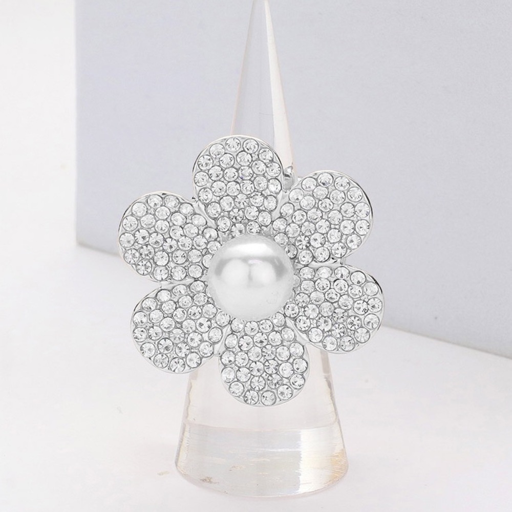 Pearl Rhinestone Paved Flower Stretch Ring